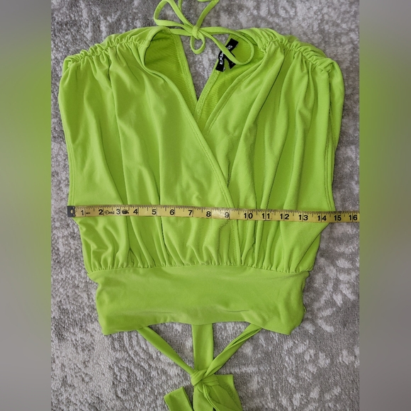 Express Smooth Matte Draped Front Tie Waist, Split Open Back Top, Lime Size XS - Picture 5 of 10